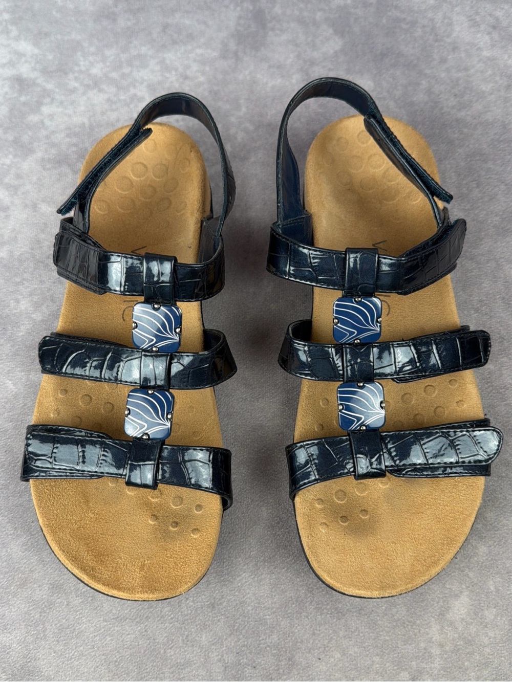 Vionic Amber Sandals Womens 9 Navy Blue Croc Embossed Comfort Adjustable Straps